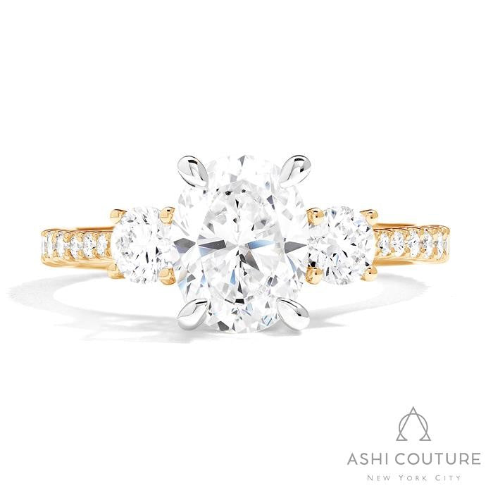 Bridal 3-Stone Diamond Oval Semi-Mount Engagement Ring With Round Side Diamonds in Yellow and White Gold