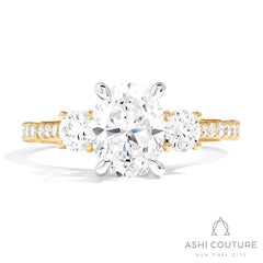 Bridal 3-Stone Diamond Oval Semi-Mount Engagement Ring With Round Side Diamonds in Yellow and White Gold