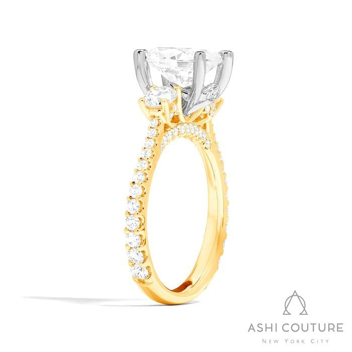 Bridal 3-Stone Diamond Oval Semi-Mount Engagement Ring With Round Side Diamonds in Yellow and White Gold