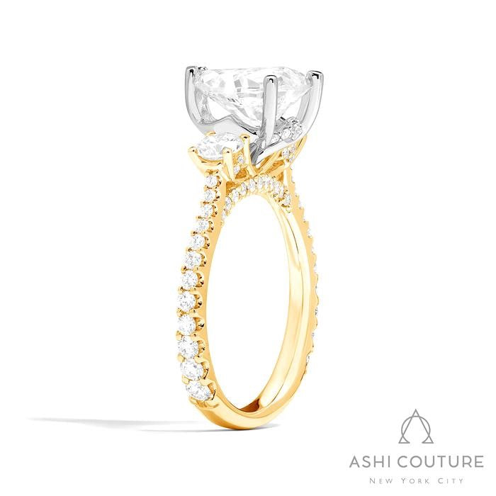 Bridal 3-Stone Diamond Pear Semi-Mount Engagement Ring With Round Side Diamonds in Yellow and White Gold