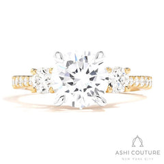 Bridal 3-Stone Diamond Round Semi-Mount Engagement Ring With Round Side Diamonds in Yellow and White Gold