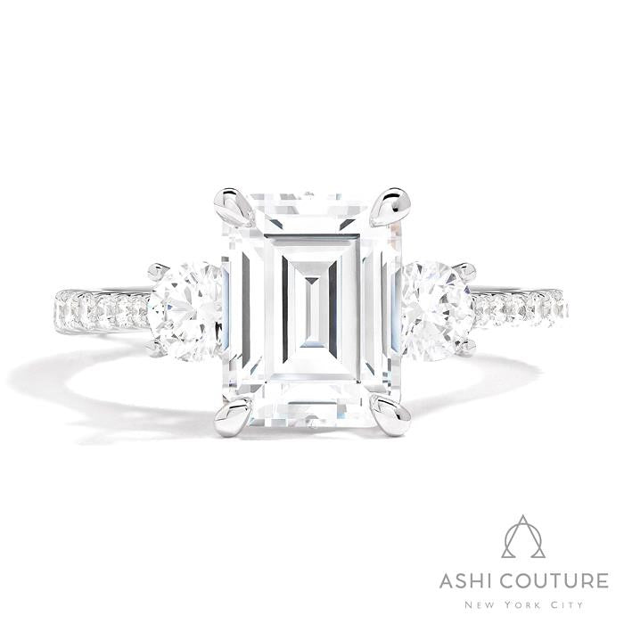 Bridal 3-Stone Diamond Emerald Semi-Mount Engagement Ring With Round Side Diamonds in White Gold