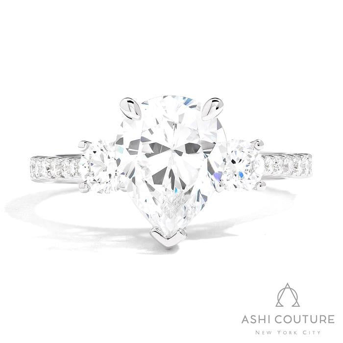 Bridal 3-Stone Diamond Pear Semi-Mount Engagement Ring With Round Side Diamonds in White Gold