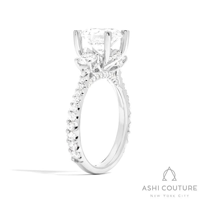 Bridal 3-Stone Diamond Round Semi-Mount Engagement Ring With Round Side Diamonds in White Gold