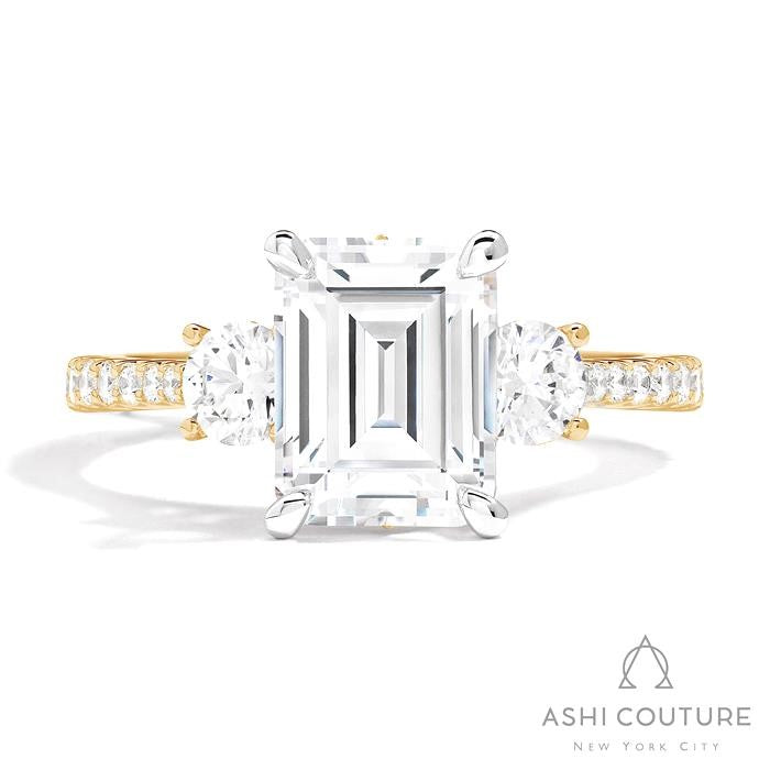Bridal 3-Stone Diamond Emerald Semi-Mount Engagement Ring With Round Side Diamonds in Yellow and White Gold