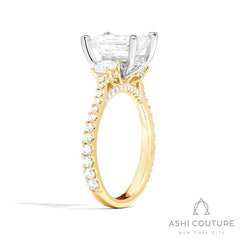 Bridal 3-Stone Diamond Emerald Semi-Mount Engagement Ring With Round Side Diamonds in Yellow and White Gold