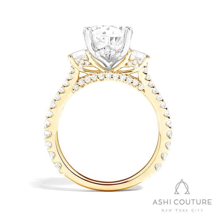 Bridal 3-Stone Diamond Pear Semi-Mount Engagement Ring With Round Side Diamonds in Yellow and White Gold