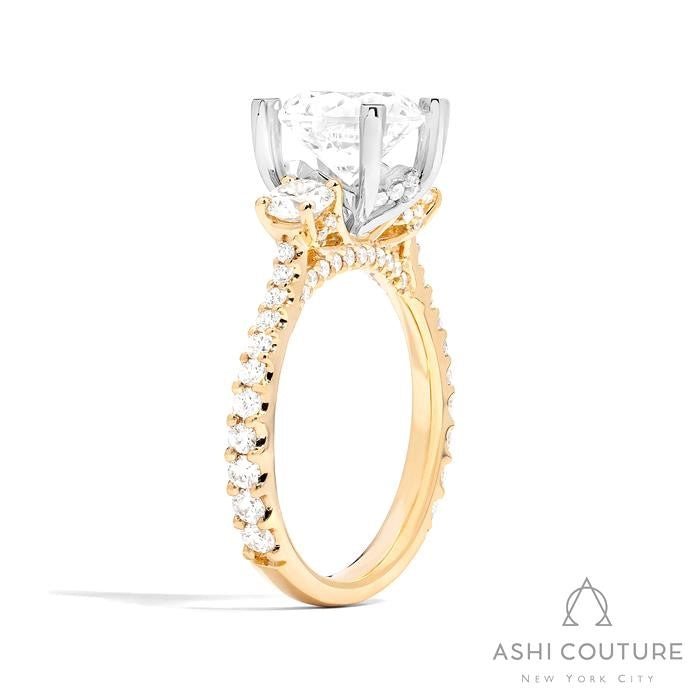 Bridal 3-Stone Diamond Round Semi-Mount Engagement Ring With Round Side Diamonds in Yellow and White Gold