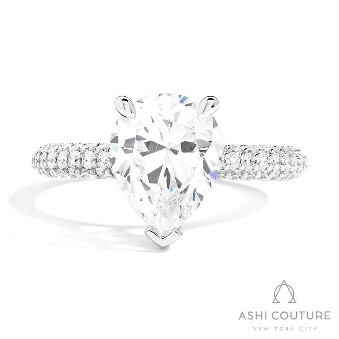 Bridal 3-Row Pave Pear Semi-Mount Engagement Ring in White Gold