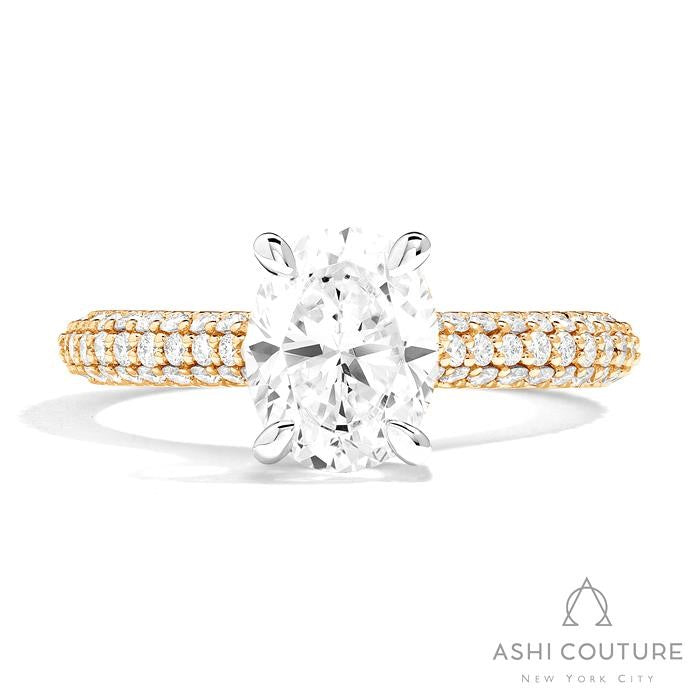 Bridal 3-Row Pave Oval Semi-Mount Engagement Ring in Yellow and White Gold