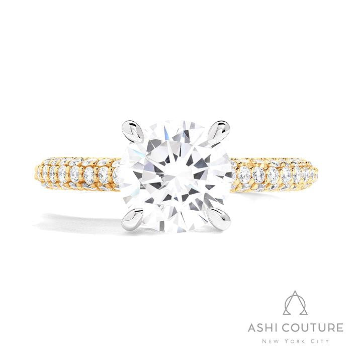 Bridal 3-Row Pave Round Semi-Mount Engagement Ring in Yellow and White Gold