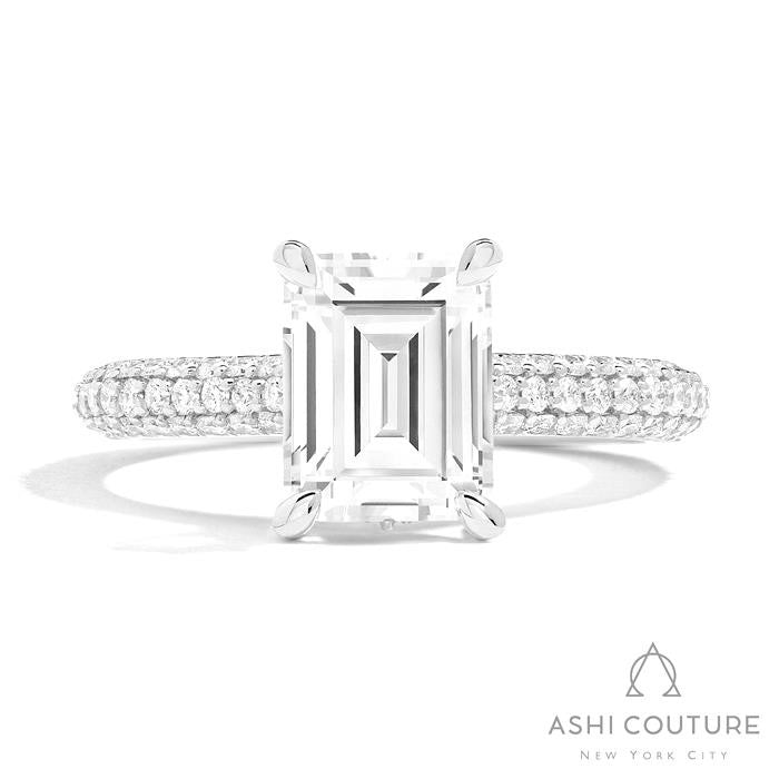 Bridal 3-Row Pave Emerald Semi-Mount Engagement Ring in White Gold