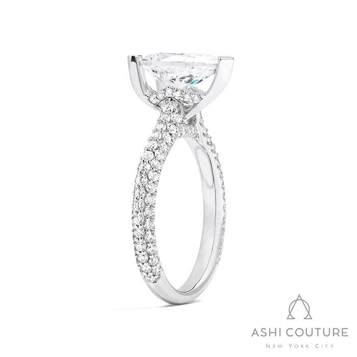 Bridal 3-Row Pave Pear Semi-Mount Engagement Ring in White Gold