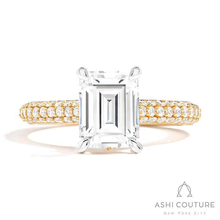 Bridal 3-Row Pave Emerald Semi-Mount Engagement Ring in Yellow and White Gold