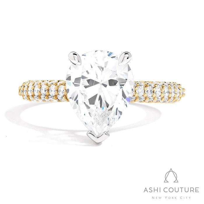 Bridal 3-Row Pave Pear Semi-Mount Engagement Ring in Yellow and White Gold