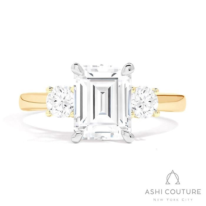 Bridal 3-Stone Emerald Semi-Mount Engagement Ring With Round Side Diamonds in Yellow and White Gold