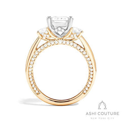 Bridal 3-Stone Emerald Semi-Mount Engagement Ring With Round Side Diamonds in Yellow and White Gold
