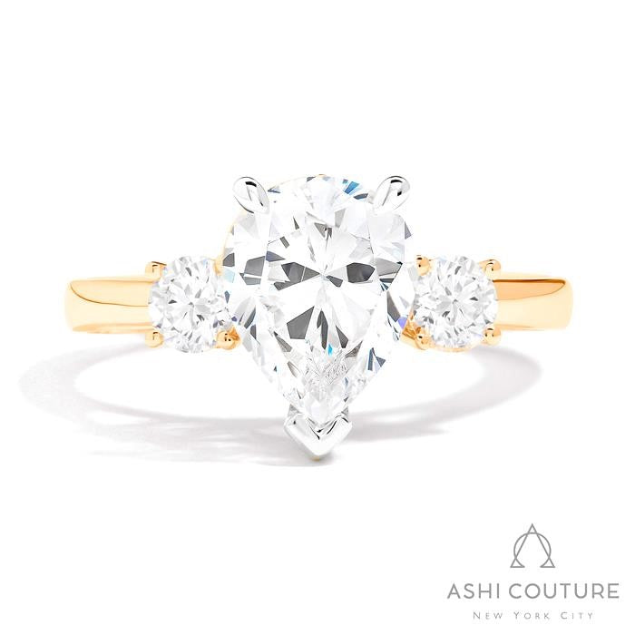 Bridal 3-Stone Pear Semi-Mount Engagement Ring With Round Side Diamonds in Yellow and White Gold