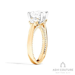 Bridal 3-Stone Round Semi-Mount Engagement Ring With Round Side Diamonds in Yellow and White Gold