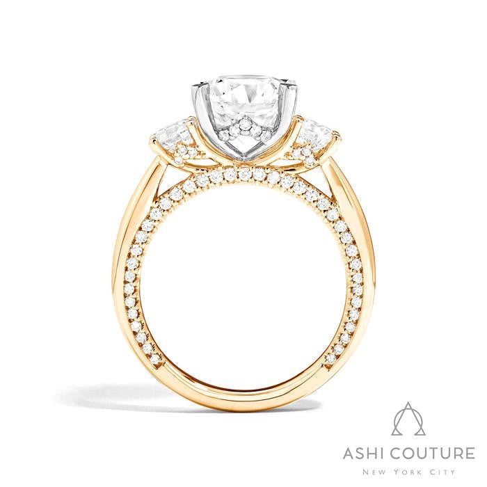 Bridal 3-Stone Round Semi-Mount Engagement Ring With Round Side Diamonds in Yellow and White Gold