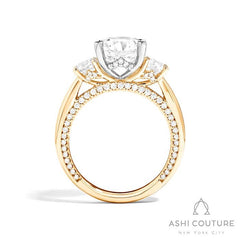 Bridal 3-Stone Round Semi-Mount Engagement Ring With Round Side Diamonds in Yellow and White Gold