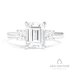 Bridal 3-Stone Emerald Semi-Mount Engagement Ring With Round Side Diamonds in White Gold