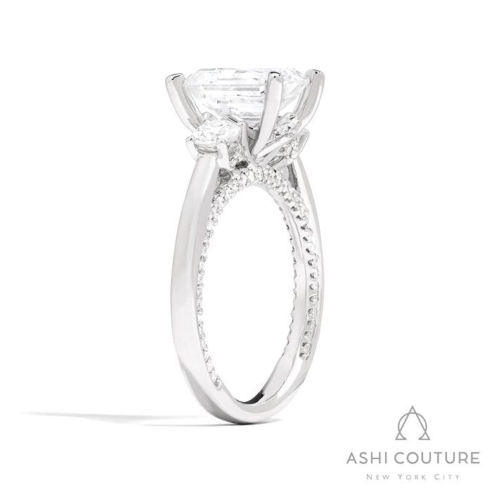 Bridal 3-Stone Emerald Semi-Mount Engagement Ring With Round Side Diamonds in White Gold