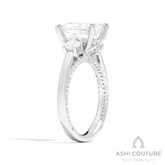 Bridal 3-Stone Emerald Semi-Mount Engagement Ring With Round Side Diamonds in White Gold