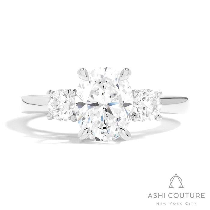 Bridal 3-Stone Oval Semi-Mount Engagement Ring With Round Side Diamonds in White Gold