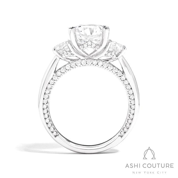 Bridal 3-Stone Round Semi-Mount Engagement Ring With Round Side Diamonds in White Gold