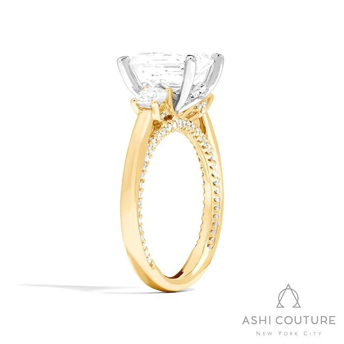 Bridal 3-Stone Emerald Semi-Mount Engagement Ring With Round Side Diamonds in Yellow and White Gold