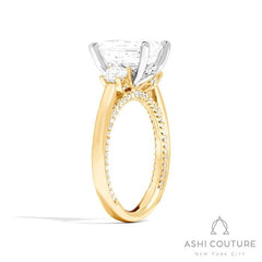 Bridal 3-Stone Emerald Semi-Mount Engagement Ring With Round Side Diamonds in Yellow and White Gold