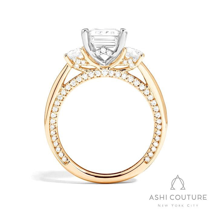 Bridal 3-Stone Emerald Semi-Mount Engagement Ring With Round Side Diamonds in Yellow and White Gold
