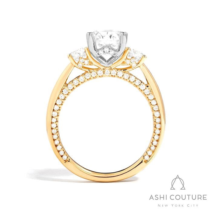 Bridal 3-Stone Oval Semi-Mount Engagement Ring With Round Side Diamonds in Yellow and White Gold