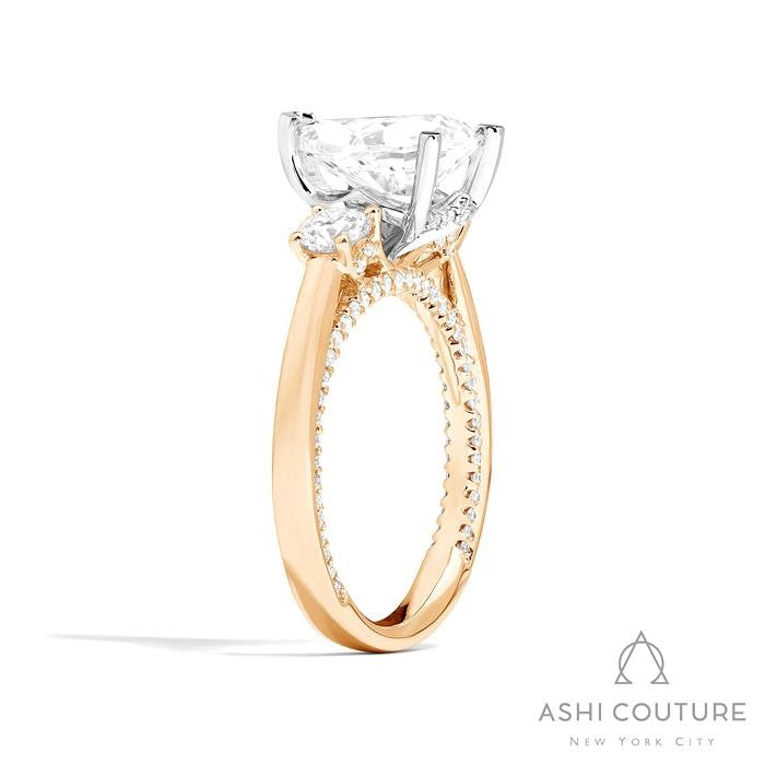 Bridal 3-Stone Pear Semi-Mount Engagement Ring With Round Side Diamonds in Yellow and White Gold