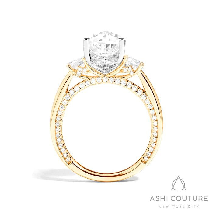 Bridal 3-Stone Pear Semi-Mount Engagement Ring With Round Side Diamonds in Yellow and White Gold