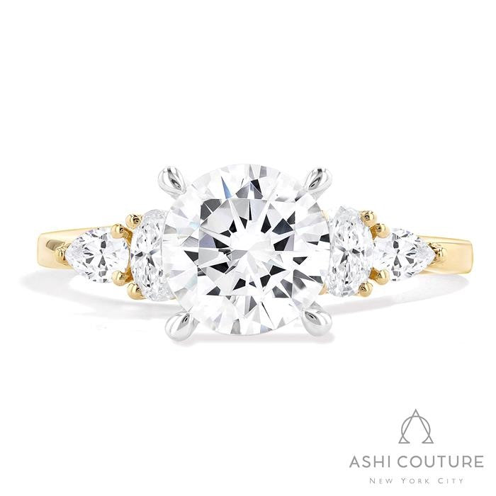Bridal Round 5-Stone Semi-Mount Engagement Ring With Oval And Pear Side Diamonds in Yellow and White Gold