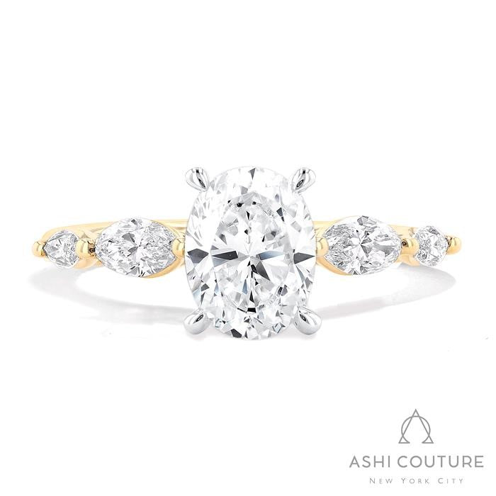 Bridal Oval 5-Stone Semi-Mount Engagement Ring With Marquise Side Diamonds in Yellow and White Gold