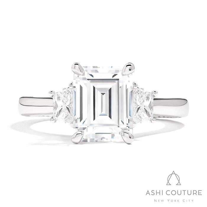 Bridal Emerald 3-Stone Semi-Mount Engagement Ring With Trap Side Diamonds in White Gold