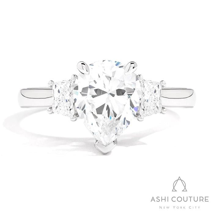 Bridal Pear 3-Stone Semi-Mount Engagement Ring With Trap Side Diamonds in White Gold