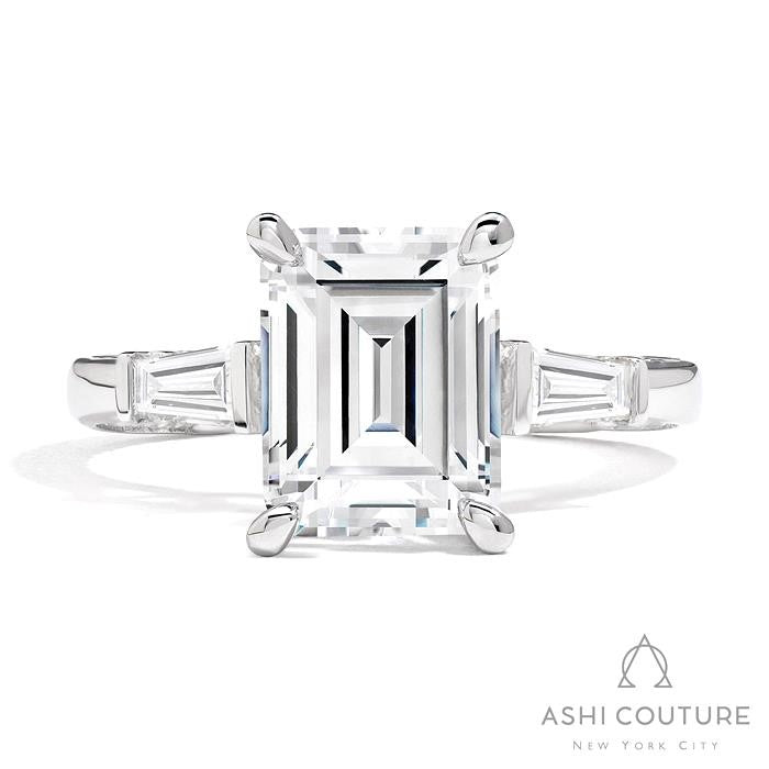 Bridal 3-Stone Emerald Semi-Mount Engagement Ring With Tapered Baguette Side Diamonds in White Gold