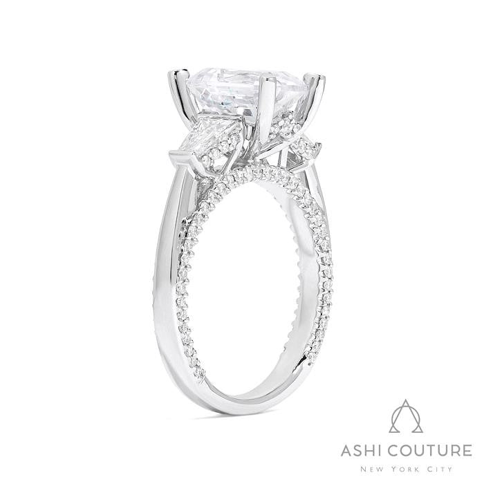 Bridal 3-Stone Emerald Semi-Mount Engagement Ring With Tapered Baguette Side Diamonds in White Gold