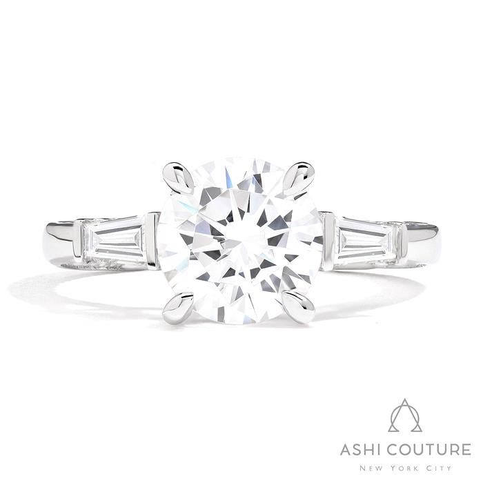 Bridal 3-Stone Round Semi-Mount Engagement Ring With Tapered Baguette Side Diamonds in White Gold