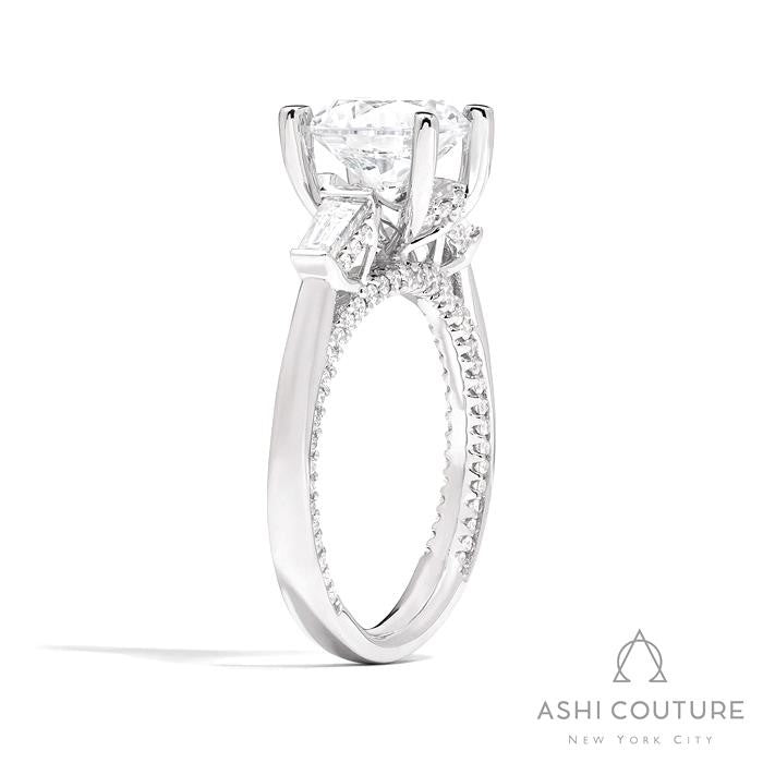 Bridal 3-Stone Round Semi-Mount Engagement Ring With Tapered Baguette Side Diamonds in White Gold