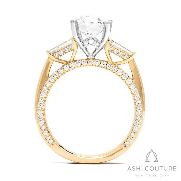 Bridal 3-Stone Oval Semi-Mount Engagement Ring With Tapered Baguette Side Diamonds in Yellow and White Gold