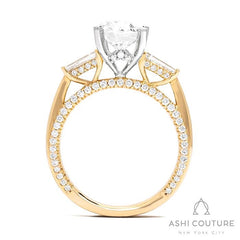Bridal 3-Stone Oval Semi-Mount Engagement Ring With Tapered Baguette Side Diamonds in Yellow and White Gold