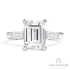 Bridal 3-Stone Emerald Semi-Mount Engagement Ring With Tapered Baguette Side Diamonds in White Gold