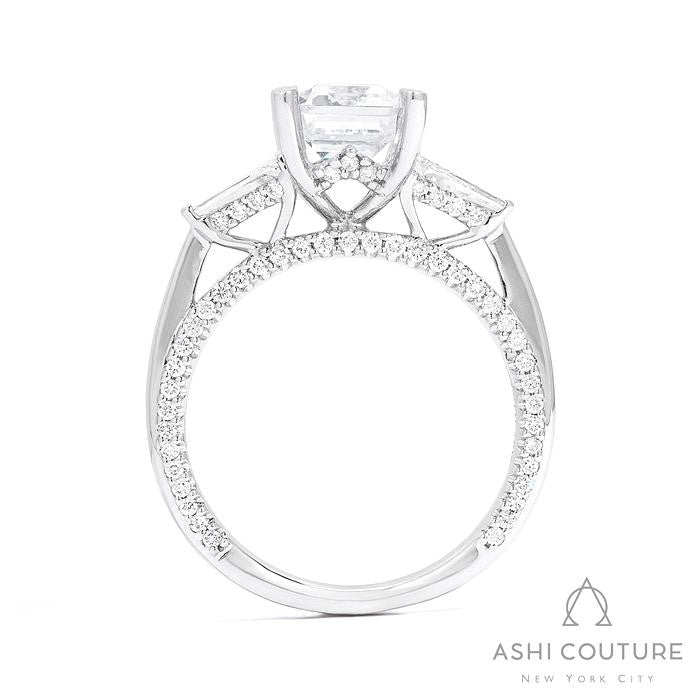 Bridal 3-Stone Emerald Semi-Mount Engagement Ring With Tapered Baguette Side Diamonds in White Gold