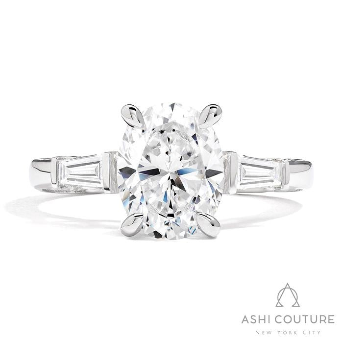 Bridal 3-Stone Oval Semi-Mount Engagement Ring With Tapered Baguette Side Diamonds in White Gold