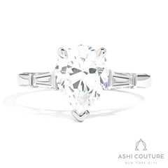 Bridal 3-Stone Pear Semi-Mount Engagement Ring With Tapered Baguette Side Diamonds in White Gold